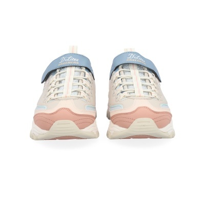 Ténis Skechers DLites bege, rosa e azul claro com atacadores e abas azuis