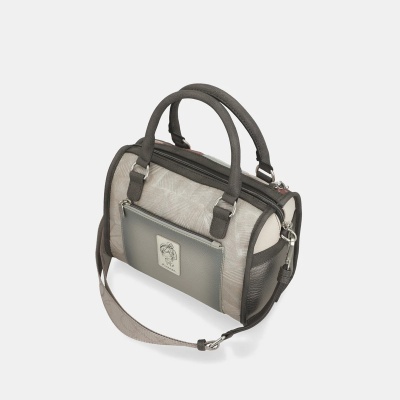 Mala de mão cinza escuro e bege com correia ajustável e bolso frontal cinza