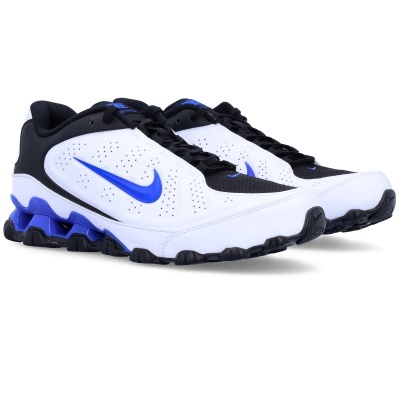 Ténis Nike Performance branco, preto e azul com logo nas laterais e sola ondulada