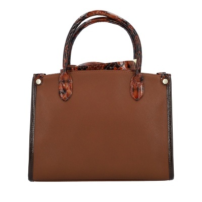 Mala de mão castanha com alças padrão pele de cobra