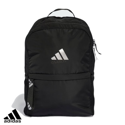 Mochila preta Adidas com logótipo branco no centro e bolso frontal