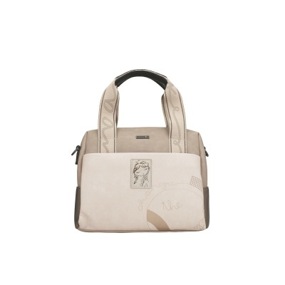 Mala de mão bege e creme com desenho de rapariga e texto Imagine the