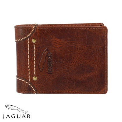 Carteira de couro castanho marca Jaguar com costuras e detalhes metálicos