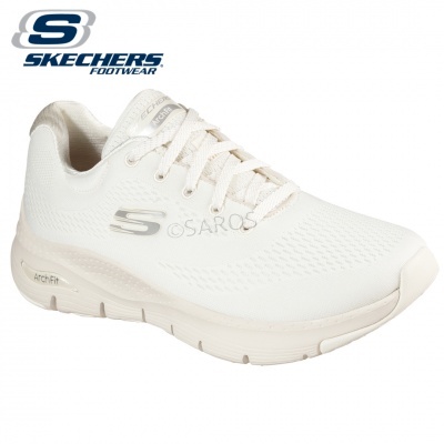 Ténis desportivos Skechers brancos com sola creme e logo S prateado