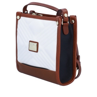 Mala quadrada castanha e branca com alça, detalhe acolchoado e laterais pretas