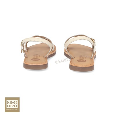 Sandálias de tiras bege claro vista traseira com sola castanha