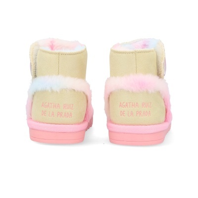 Ténis infantis bege com solado rosa e pelo multicolor pastel