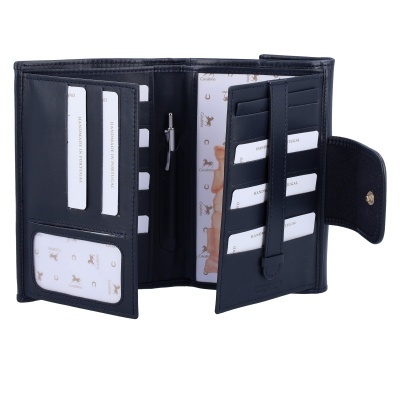 Carteira de cabedal azul escuro com múltiplos compartimentos para cartões