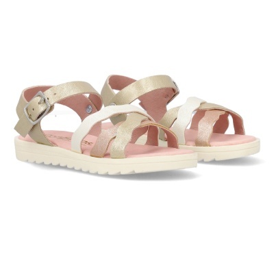 Sandálias metálicas douradas, prateadas e rosa com sola branca