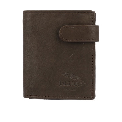 Carteira masculina em couro castanho escuro com fecho de aba e logótipo JAGUAR em relevo