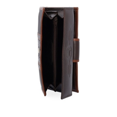 Carteira masculina de couro castanho escuro e castanho claro vista lateral aberta.
