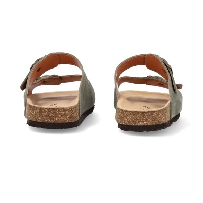 Sandálias com sola de cortiça e parte superior verde vista de trás