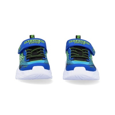 Tênis infantis Skechers Vortex em azul, verde e preto com sola branca e fecho de velcro