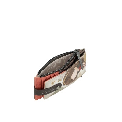 Carteira pequena de material sintético com fecho de correr e imagem decorativa de rapariga