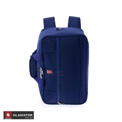 Mala azul escura com fechos prateados e logo Gladiator negra e vermelha