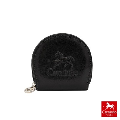 Carteira pequena preta em pele com fecho de correr e logótipo Cavalinho