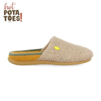 Chinelo tipo pantufa aberto atrás em tecido felpudo bege com detalhe amarelo