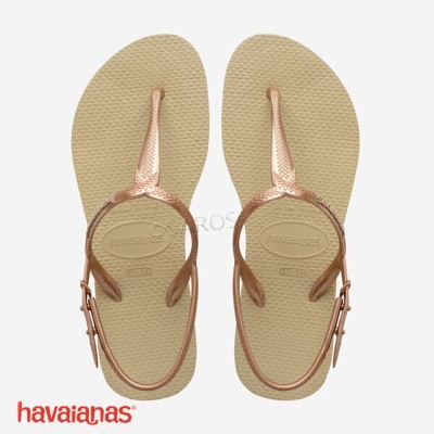 Chinelos Havaianas femininos bege com tiras metálicas bronze
