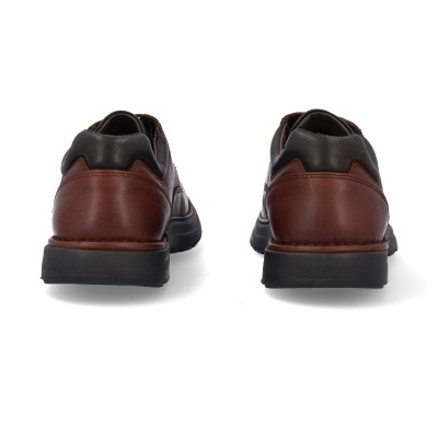 Sapatos de pele castanha com detalhes pretos vistos de trás.