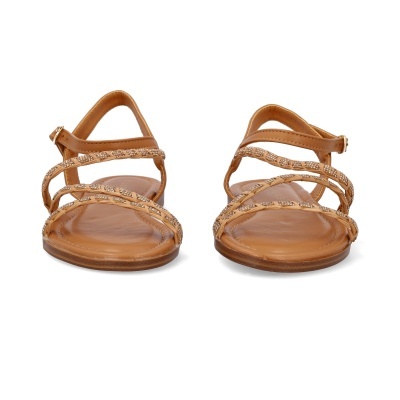 Sandálias femininas castanhas com tiras finas entrelaçadas com padrão de cobra