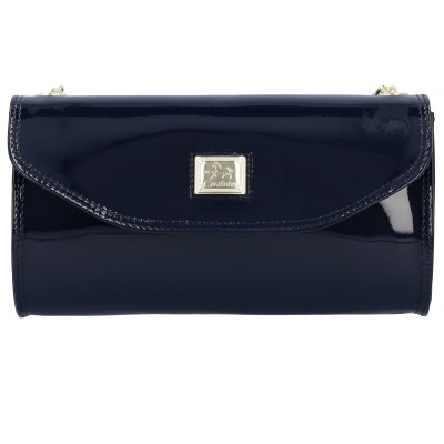 Carteira feminina azul escura brilhante com fecho e detalhe metálico prateado