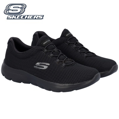 Par de sapatilhas negras Skechers com tecido de malha e logo prateado