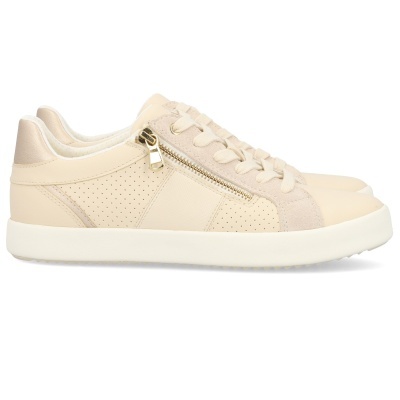 Ténis bege com fecho de correr dourado e sola branca