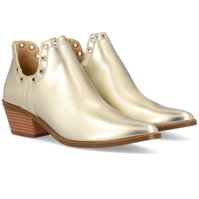 Botas douradas femininas com salto médio de madeira e ilhós