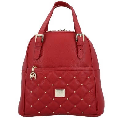 Mochila vermelha com padrão matelassé e aplicações douradas