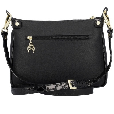 Bolsa tiracolo preta com alça ajustável e detalhes dourados