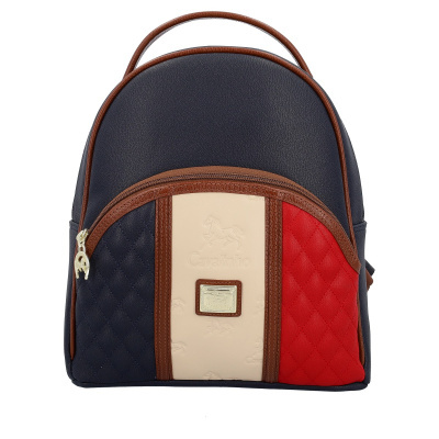 Mochila Cavalinho azul, bege e vermelha com detalhes em castanho e logo da marca