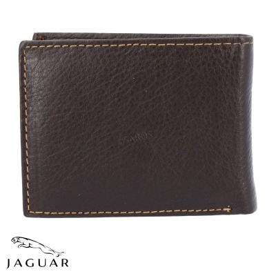 Carteira masculina em pele castanha com costuras visíveis e logo Jaguar