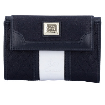 Carteira feminina azul escuro com faixa branca e placa metálica dourada Cavalinho