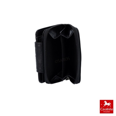 Carteira preta em couro com fecho e compartimentos internos