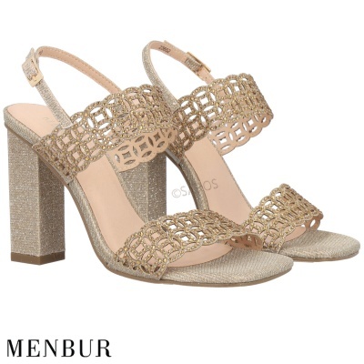 Sandálias MENBUR douradas com salto e tiras decorativas