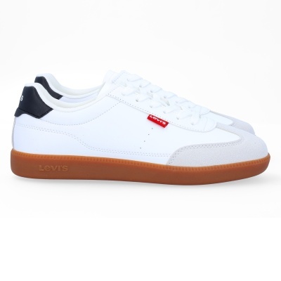 Sapatilhas brancas Levi's com sola castanha e detalhes em cinza e preto