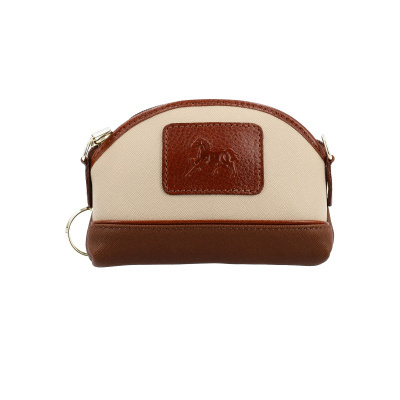 Necessaire bege com detalhes castanhos e patch de pele com relevo de cavalo