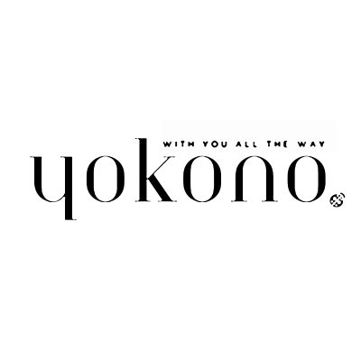 Logotipo preto e branco com texto yokono e frase WITH YOU ALL THE WAY