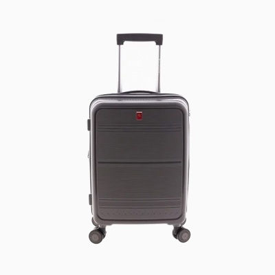 Mala de viagem rígida cinzenta com rodas e puxador retrátil