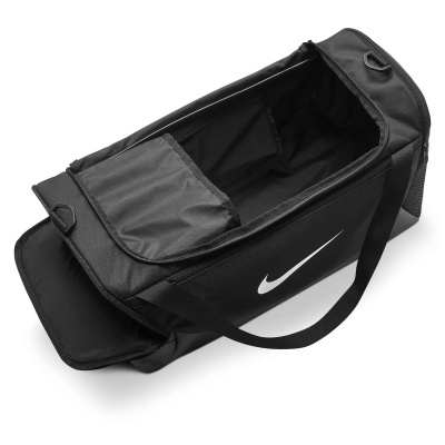 Mala desportiva preta da Nike com compartimento aberto e bolso lateral
