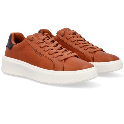 Sapatilhas Skechers castanhas com sola branca e detalhes em preto