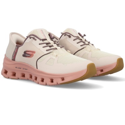 Sapatilhas Skechers Glide-Step femininas em bege e rosa com logótipo S