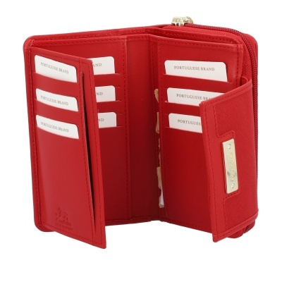 Carteira de pele vermelha com compartimentos para cartões e fecho de zip