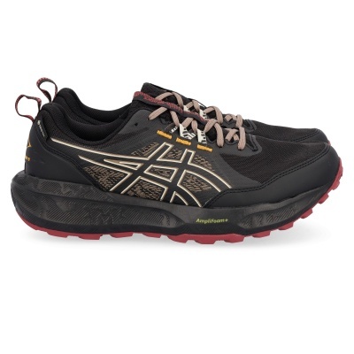 Par de sapatilhas pretas ASICS com detalhes bege e vermelhos em fundo branco