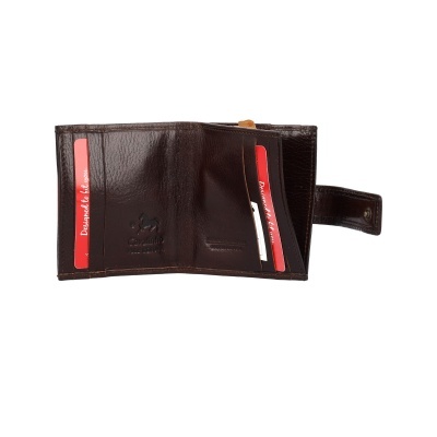 Carteira masculina de couro castanho com fecho de aba e cartões vermelhos