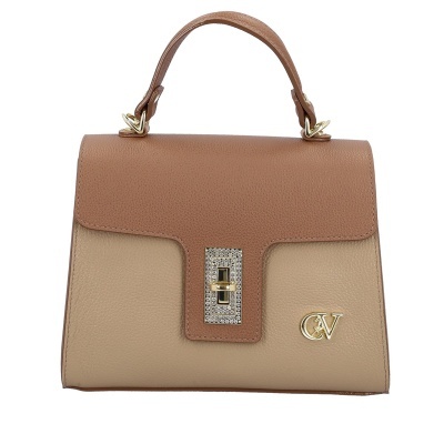 Mala de mão em pele castanha clara e castanho médio com fecho dourado e monograma CV