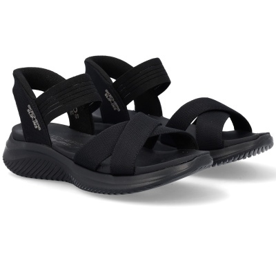 Sandálias pretas Skechers Slip-Ins com tiras cruzadas e sola preta