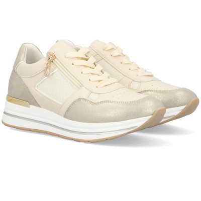 Sapatilhas de senhora bege e douradas com fecho zip lateral