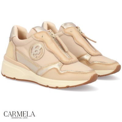 Ténis bege e dourados Carmela com fecho central e logótipo lateral