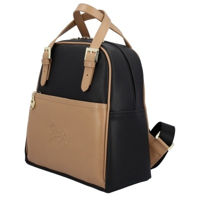 Mochila bege e preta com alças e bolso frontal